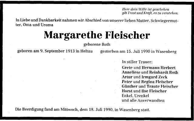 Roth Margarethe 1913-1990 Todesanzeige